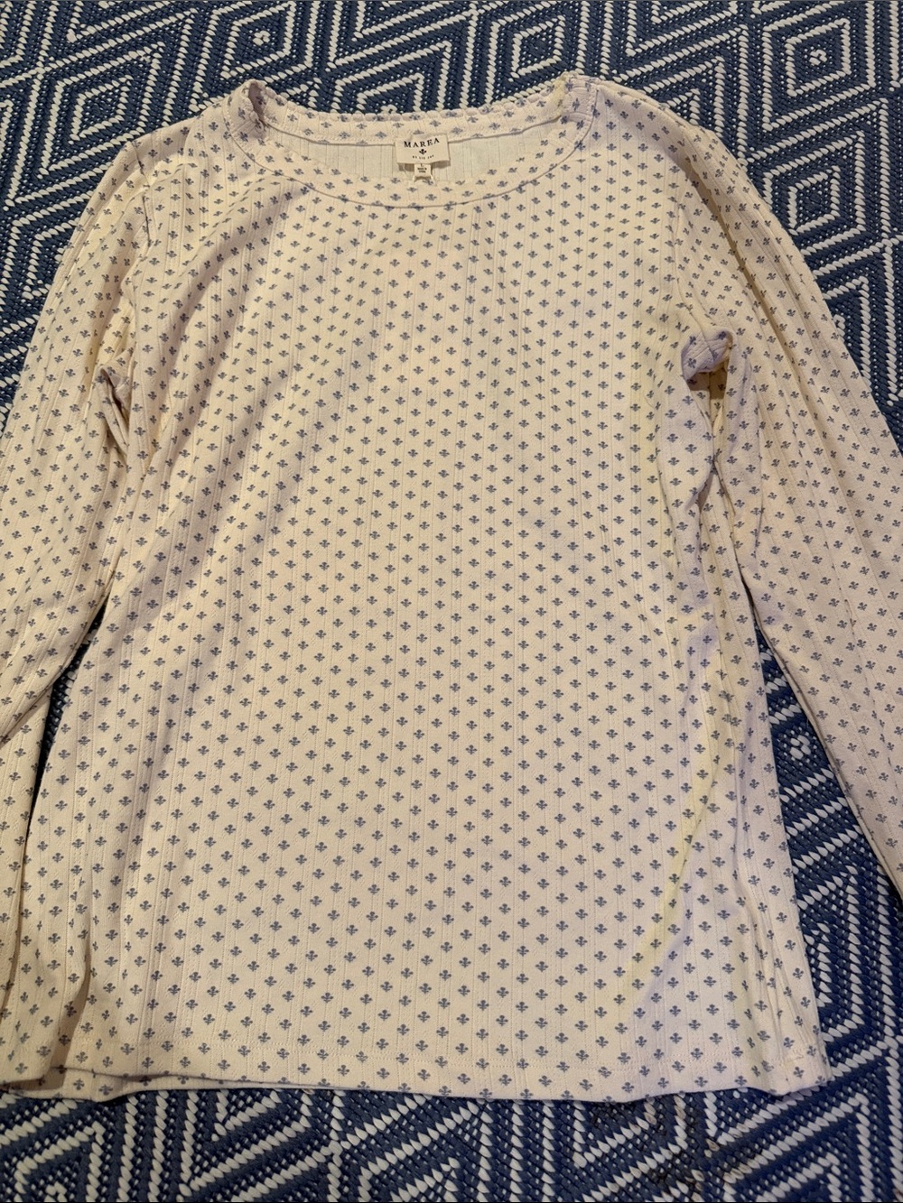 Marea by Liz Joy Pointelle Long-Sleeve Crewneck Top in Cream with blue print NWT